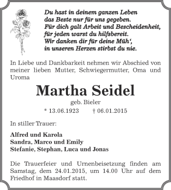 Traueranzeige von Martha Seidel von WVG - Wochenspiegel Dessau / Köthen