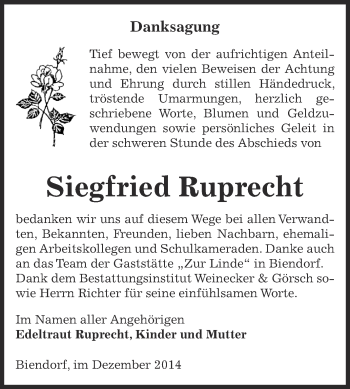 Traueranzeige von Siegfried Ruprecht von Super Sonntag Bernburg
