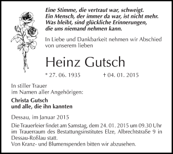 Traueranzeige von Heinz Gutsch von WVG - Wochenspiegel Dessau / Köthen