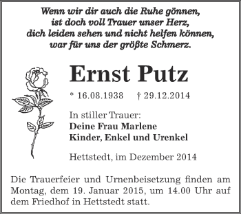 Traueranzeige von Ernst Putz von Wochenspiegel Mansfelder Land