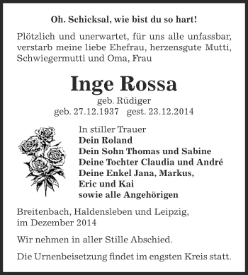 Traueranzeige von Inge Rossa von Super Sonntag Zeitz