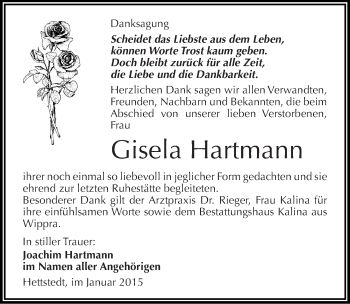 Traueranzeige von Gisela Hartmann von Mitteldeutsche Zeitung Mansfelder Land