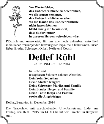 Traueranzeige von Detlef Röhl von Mitteldeutsche Zeitung Wittenberg