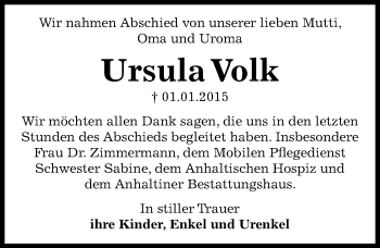 Traueranzeige von Ursula Volk von Mitteldeutsche Zeitung Dessau-Roßlau