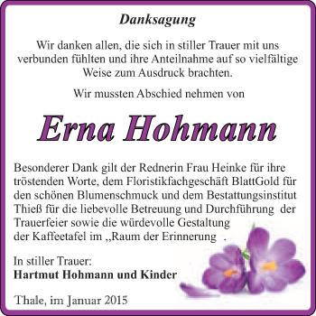 Traueranzeige von Erna Hohmann von Super Sonntag Quedlinburg