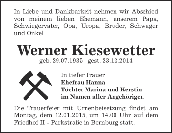 Traueranzeige von Werner Kiesewetter von Super Sonntag Bernburg
