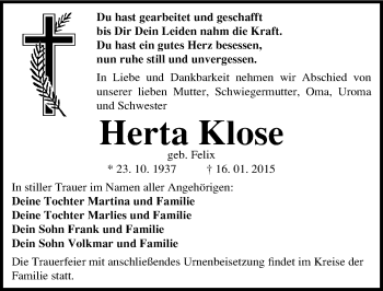 Traueranzeige von Herta Klose von Mitteldeutsche Zeitung Wittenberg