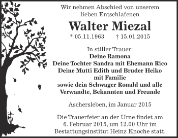Traueranzeige von Walter Miezal von Super Sonntag Aschersleben