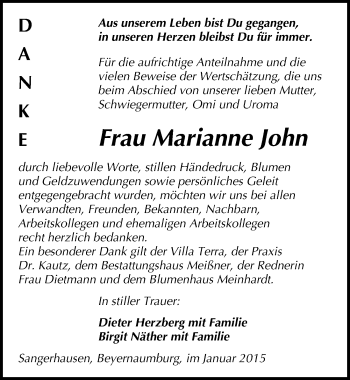 Traueranzeige von Marianne John von Mitteldeutsche Zeitung Sangerhausen