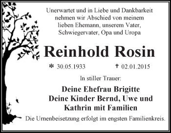 Traueranzeige von Reinhold Rosin von WVG - Wochenspiegel Dessau / Köthen