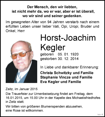 Traueranzeige von Horst-Joachim Kegler von Super Sonntag Zeitz