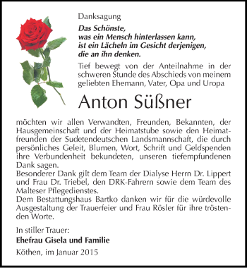 Traueranzeige von Anton Süßner von Mitteldeutsche Zeitung Köthen