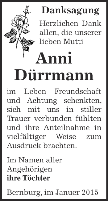 Traueranzeige von Anni Dürrmann von Super Sonntag Bernburg
