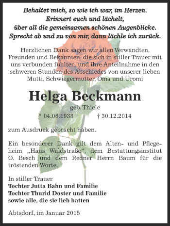 Traueranzeige von Helga Beckmann von WVG - Wochenspiegel Dessau / Köthen