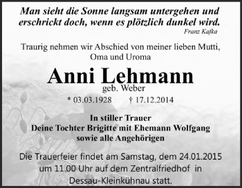 Traueranzeige von Anni Lehmann von WVG - Wochenspiegel Dessau / Köthen