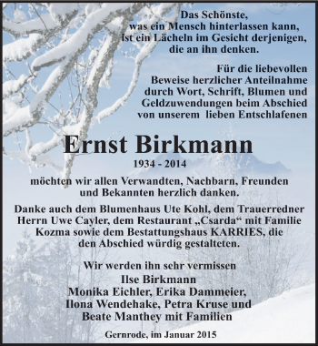 Traueranzeige von Ernst Birkmann von Mitteldeutsche Zeitung Quedlinburg