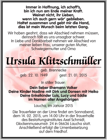 Traueranzeige von Ursula Klitzschmüller von Mitteldeutsche Zeitung Naumburg/Nebra