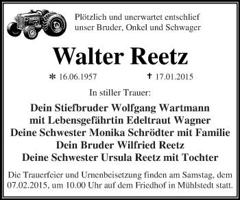 Traueranzeige von Walter Reetz von WVG - Wochenspiegel Dessau / Köthen
