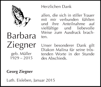 Traueranzeige von Barbara Ziegner von Mitteldeutsche Zeitung Mansfelder Land