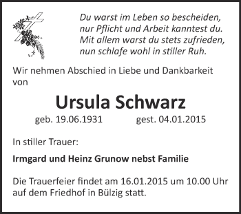 Traueranzeige von Ursula Schwarz von Super Sonntag Wittenberg