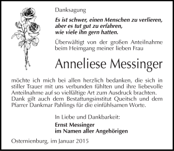 Traueranzeige von Anneliese Messinger von Mitteldeutsche Zeitung Köthen
