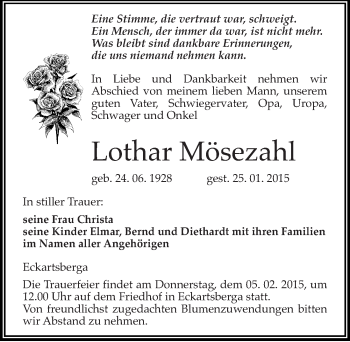 Traueranzeige von Lothar Mösezahl von Mitteldeutsche Zeitung Naumburg/Nebra