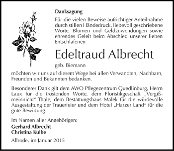 Traueranzeige von Edeltraud Albrecht von Mitteldeutsche Zeitung Quedlinburg