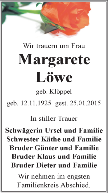 Traueranzeige von Margarete Löwe von Mitteldeutsche Zeitung Zeitz