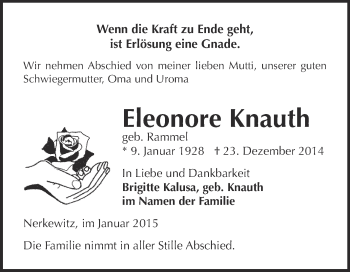 Traueranzeige von Eleonore Knauth von Super Sonntag Zeitz