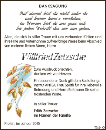 Traueranzeige von Willfried Zetzsche von Super Sonntag Zeitz