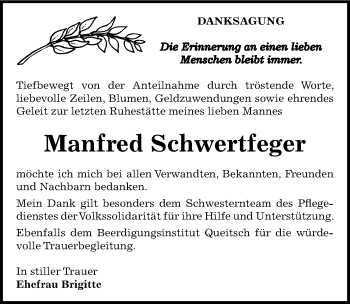 Traueranzeige von Manfred Schwertfeger von Mitteldeutsche Zeitung Köthen