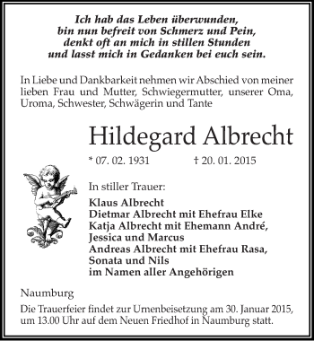 Traueranzeige von Hildegard Albrecht von Mitteldeutsche Zeitung Naumburg/Nebra