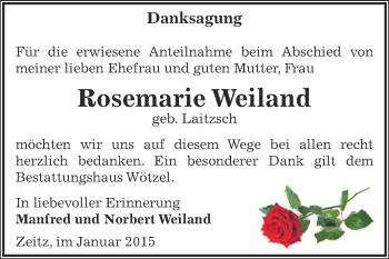 Traueranzeige von Rosemarie Weiland von Super Sonntag Zeitz