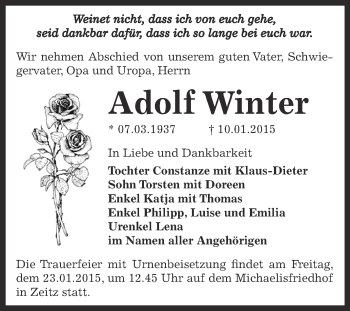 Traueranzeige von Adolf Winter von Super Sonntag Zeitz