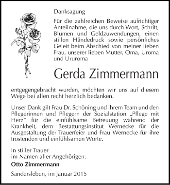 Traueranzeige von Gerda Zimmermann von Mitteldeutsche Zeitung Mansfelder Land