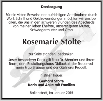 Traueranzeige von Rosemarie Stolte von Mitteldeutsche Zeitung Quedlinburg