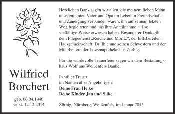 Traueranzeige von Wilfried Borchert von WVG - Wochenspiegel NMB / WSF / ZTZ