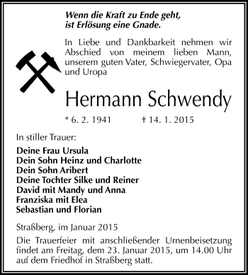 Traueranzeige von Hermann Schwendy von WVG - Wochenspiegel Quedlinburg