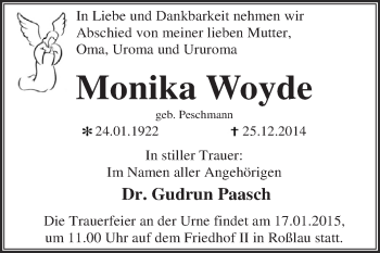 Traueranzeige von Monika Woyde von WVG - Wochenspiegel Dessau / Köthen