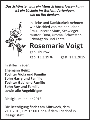 Traueranzeige von Rosemarie Voigt von WVG - Wochenspiegel Wittenberg