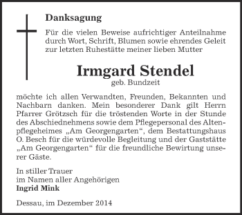Traueranzeige von Irmgard Stendel von WVG - Wochenspiegel Dessau / Köthen