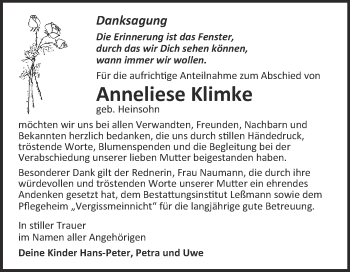 Traueranzeige von Anneliese Klimke von Super Sonntag Wittenberg