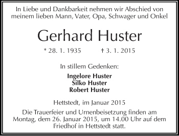 Traueranzeige von Gerhard Huster von Mitteldeutsche Zeitung Mansfelder Land