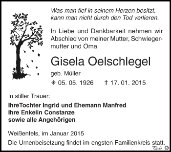 Traueranzeige von Gisela Oelschlegel von WVG - Wochenspiegel NMB / WSF / ZTZ