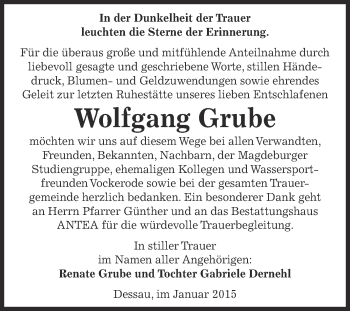 Traueranzeige von Wolfgang Grube von WVG - Wochenspiegel Dessau / Köthen
