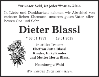Traueranzeige von Dieter Blassl von Super Sonntag Bernburg