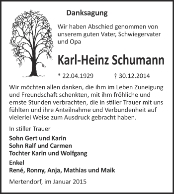 Traueranzeige von Karl-Heinz Schumann von WVG - Wochenspiegel NMB / WSF / ZTZ