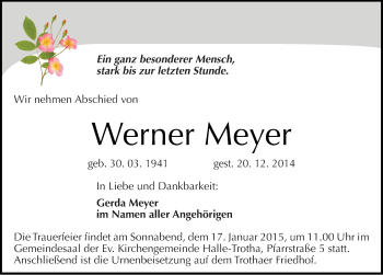 Traueranzeige von Werner Meyer von Mitteldeutsche Zeitung Halle/Saalkreis