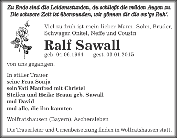 Traueranzeige von Ralf Sawall von Super Sonntag Aschersleben