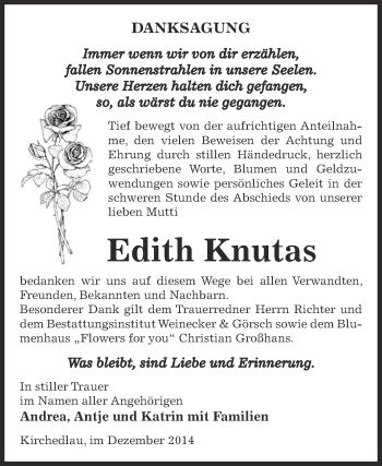 Traueranzeige von Edith Knutas von Super Sonntag Bernburg